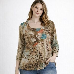 Vintage y2k 90s top shirt large L animal print rhinestone patchwork boho fall